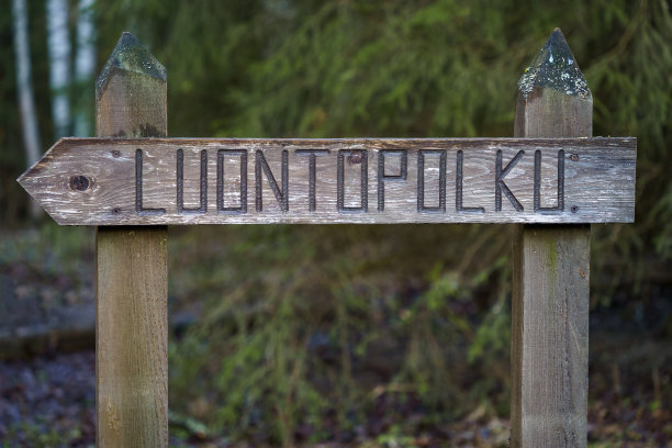 树林里的木制标志，上面写着luontopolku(自然小径)图片下载