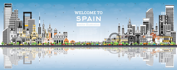 欢迎来到西班牙。城市天际线与灰色建筑，蓝天和倒影。具有历史意义的建筑。西班牙城市景观与地标。图片下载