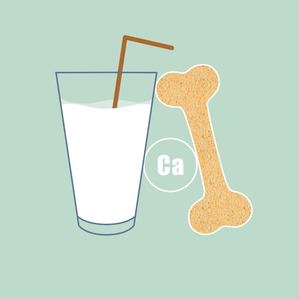 一杯新鲜可口的牛奶和骨头在浅蓝色的背景，插图。钙的来源图片下载