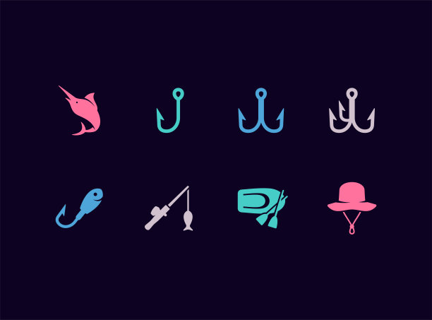 钓鱼设备和配件矢量图标集图片下载