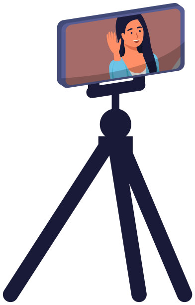 手机放在三脚架上。人们广播，视频博客录制，智能手机流媒体。在线直播图片下载