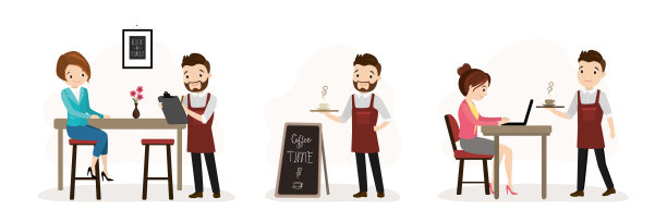 咖啡馆里各种各样的人。一组男女角色，咖啡馆的情况。餐厅里的顾客和服务员。顾客吃饭、喝咖啡、交流图片下载