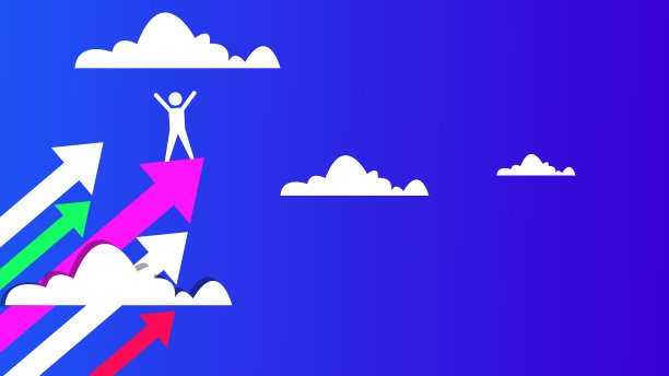 举着红旗的人站在山顶上。成功的概念。图片下载