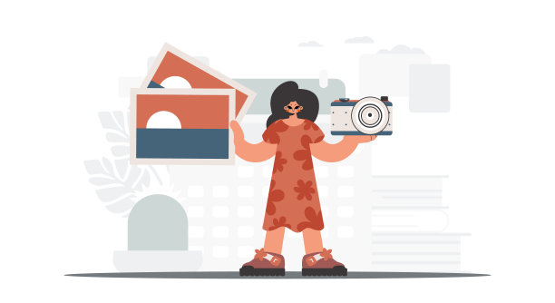 这位永不停歇的女士手里拿着照相机和照片。休息和旅行的概念。时尚的风格，矢量插图图片下载