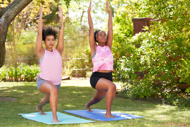 两个年轻的朋友在花园里做瑜伽，在夏天的阳光下，在勇士1姿势图片下载