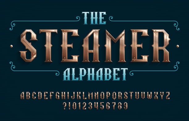 轮船字母字体。用蒸汽朋克风格铆接几何字母和数字。图片下载