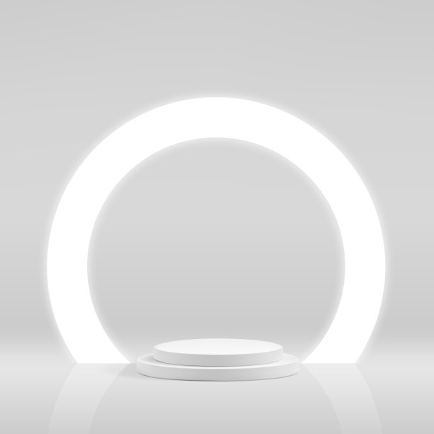 颁奖典礼的白色3d领奖台场景。用于奖品或产品展示的几何底座。圆灯线或环形灯图片下载
