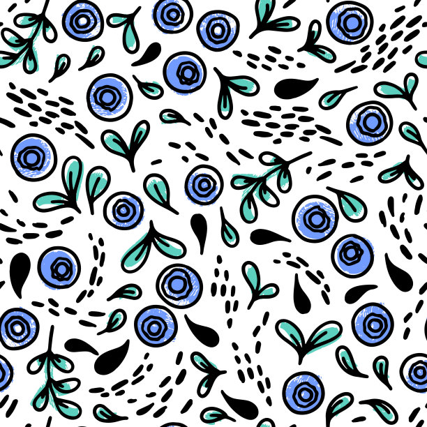 矢量无缝模式与手绘彩色蓝莓在白色背景。设计墙纸，背景，印刷，纺织品设计，笔记本，手机壳，包装纸，和更多。图片下载