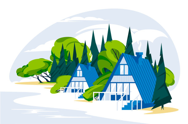 靠近河流或湖泊的木制度假屋。休息、放松、旅游、钓鱼的理念。矢量平面插图景观图片下载