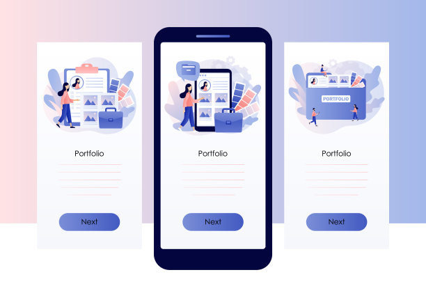 投资组合的概念。公文包与工作画廊和文件收集。预览文件夹演示艺术家或设计师。手机屏幕模板，智能手机应用程序。现代平面卡通风格。向量图片下载