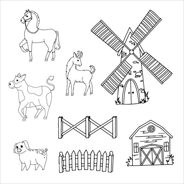 驴，马，美洲驼或羊驼，绵羊，奶牛，山羊和猪。农场动物和建筑物。轧机。谷仓。牛育种矢量插图隔离在白色背景上。图片下载