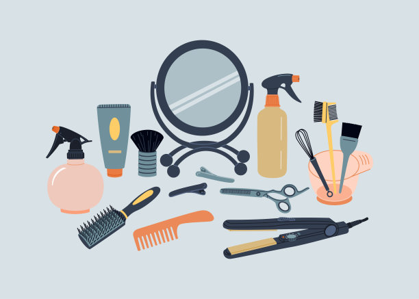 一套美发配件。镜子，发刷，剪刀，直发器和理发店的各种专业工具。图片下载