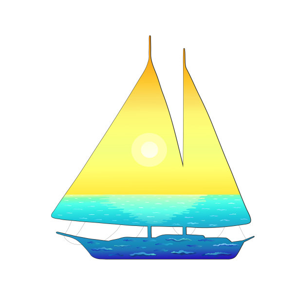 游艇或双桅船的剪影，明亮的海景，大海，天空，日落，太阳和波浪在方形孤立的白色背景上。贴纸和个人物品。矢量插图。图片下载