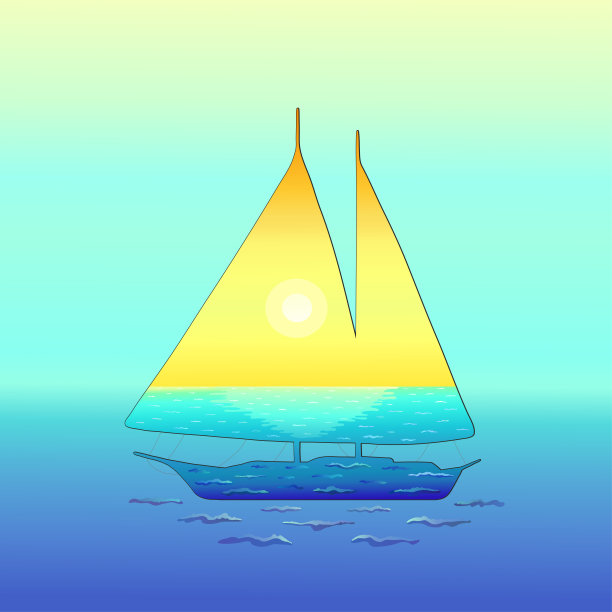 一艘游艇或双桅船的剪影，明亮的海景，天空，日落，太阳和波浪在方形蓝色和蓝色的背景。贴纸和个人物品。矢量插图。图片下载