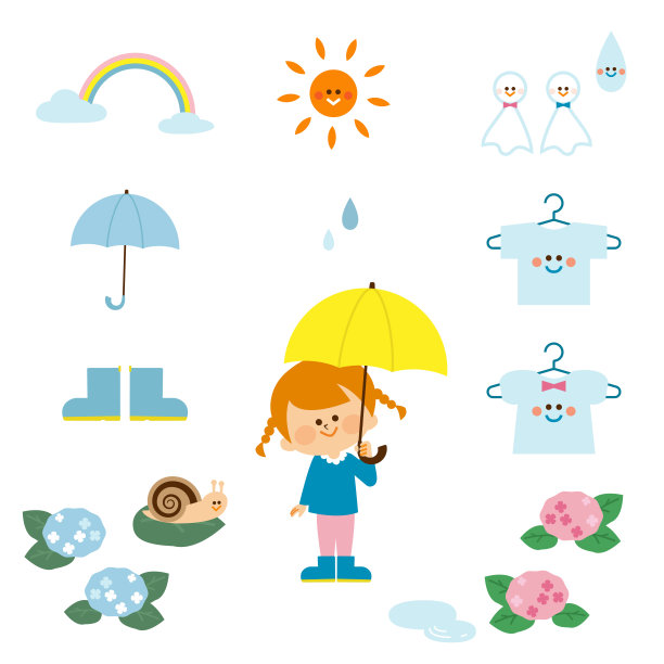 雨季儿童形象与素材集插画素材图片下载