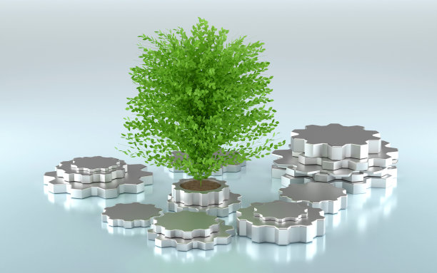 植物生长在花盆形状的齿轮内图片下载