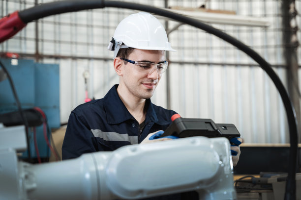 工业工程师在工业制造工厂中控制自动机械臂、焊接机、焊接机器人。图片下载
