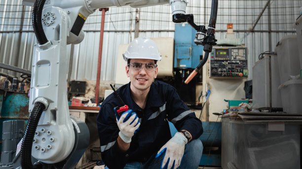 在工业制造工厂中，工业工程师负责控制自动化机械臂、机器焊接机器人。图片下载