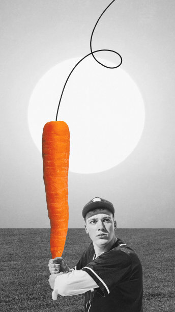 当代艺术拼贴画，穿着制服的职业球员在黑白背景上玩胡萝卜而不是棒球图片下载