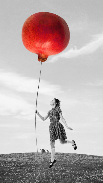 当代艺术拼贴画，年轻漂亮的女孩飞石榴像气球在黑色和白色的天空背景图片下载
