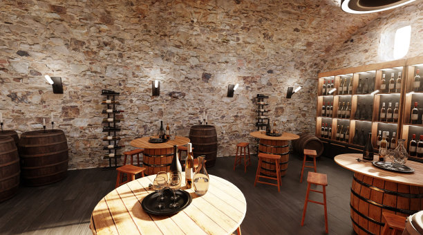 逼真的3D渲染酒庄餐厅图片下载