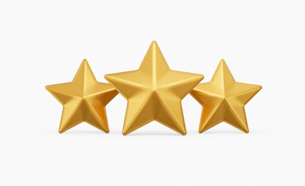 三维三个金色闪亮评级星符号孤立在白色背景，三维插图图片下载