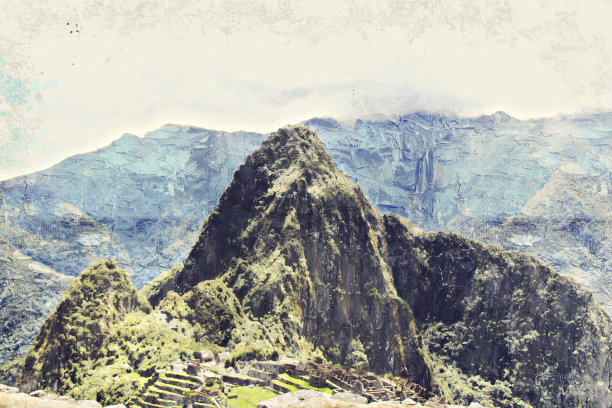 马丘比丘世界遗产，秘鲁库斯科的Impasto油画画面。图片下载