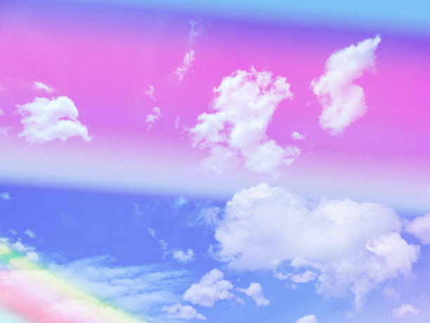 美丽甜美，柔和的白色，蓝色，五彩缤纷，天空上有毛茸茸的云。多色彩虹图像。抽象幻想生长之光图片下载