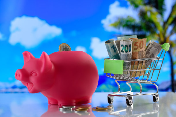 安全的储蓄罐和一个装满巴西钱的小储蓄罐在模糊的背景中，蓝天和椰子树图片下载