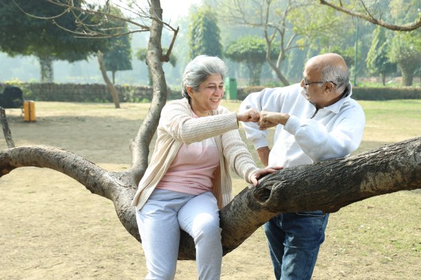 一对老印度夫妇在宁静的绿色公园里度过了美好的浪漫时光图片下载