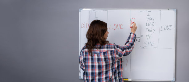 女教师站在白板前，在黑板上写字，向学生解释语法规则。教育与学习理念。图片下载