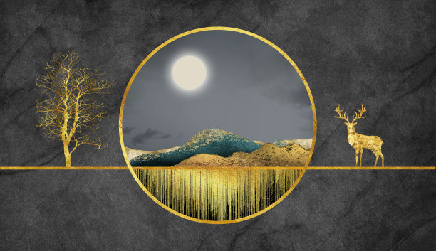 3d现代艺术壁画景观壁纸上的黑色大理石背景。五彩的山，金色的鹿，金色的树，金色的线。图片下载
