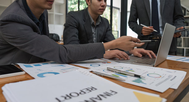 商界人士在办公室会议上集思广益，讨论金融统计数据。财务，团队合作，大数据图表概念图片下载