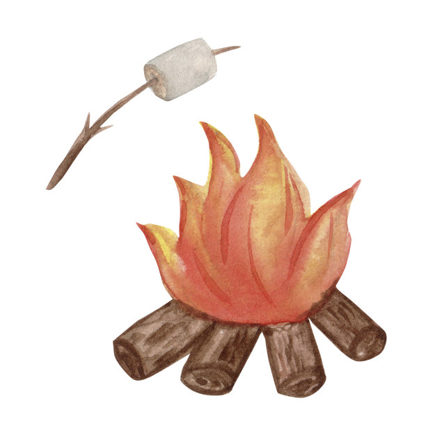 水彩插图棉花糖在火上烤，在一根棍子上。户外娱乐，露营。本次设计的设计作品以旅游、徒步旅行、户外休闲为主题。孤立的图片下载