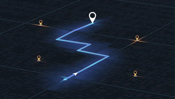 导航地图技术和街道上的最终目的地。城市的详细视图。装饰图形旅游地图。抽象交通背景。矢量，插图，等距图片下载
