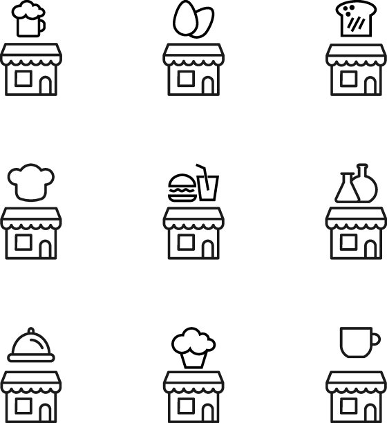 矢量轮廓符号和符号画在平面风格与黑色细线。可编辑的中风。啤酒、鸡蛋、面包、厨师帽、快餐和其他物品的线条图标图片下载