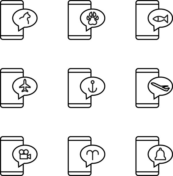 矢量轮廓符号和符号画在平面风格与黑色细线。可编辑的中风。线图标的猫，爪子，鱼，飞机，锚在泡沫智能手机图片下载