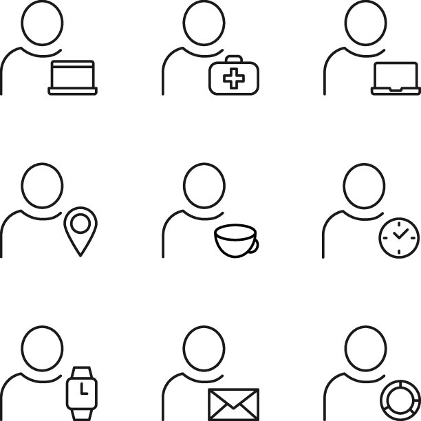 矢量轮廓符号和符号画在平面风格与黑色细线。可编辑的中风。用户按电脑、医疗箱、地图图钉、杯子、时钟的线条图标图片下载