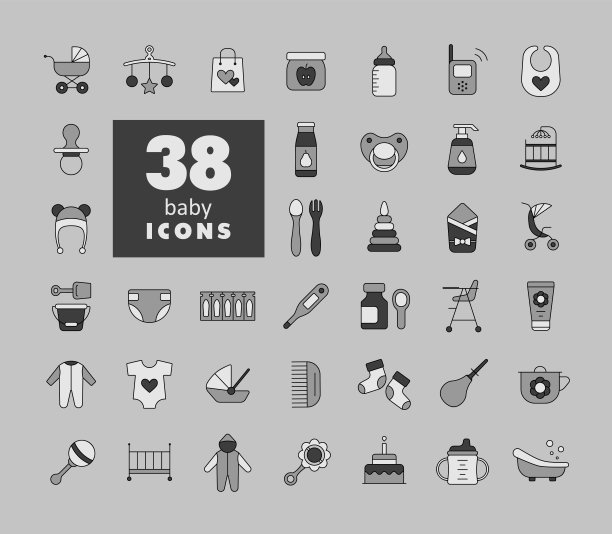 婴儿，喂养和护理矢量隔离图标集图片下载