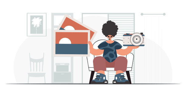 这个人手里拿着照相机和照片。休息和旅行的概念。时尚的风格，矢量插图图片下载