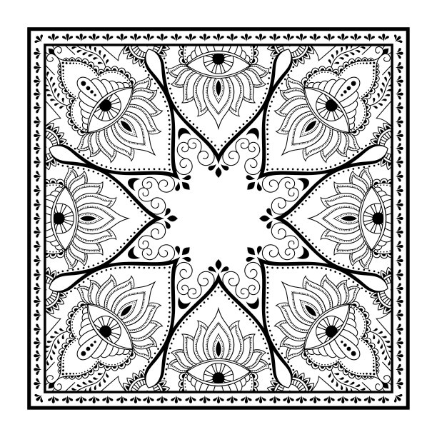 印花织物上的花卉和佩斯利花纹装饰图案。头巾、丝巾、桌布或手帕上的装饰品。部落或东方风格的方形素描。图片下载