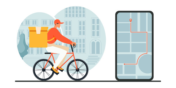 外卖食品概念的送餐服务。移动应用程序在线订购。骑自行车的快递员在城市街道上。平面矢量卡通插图。骑摩托车的快递员带着保暖袋。快餐服务图片下载