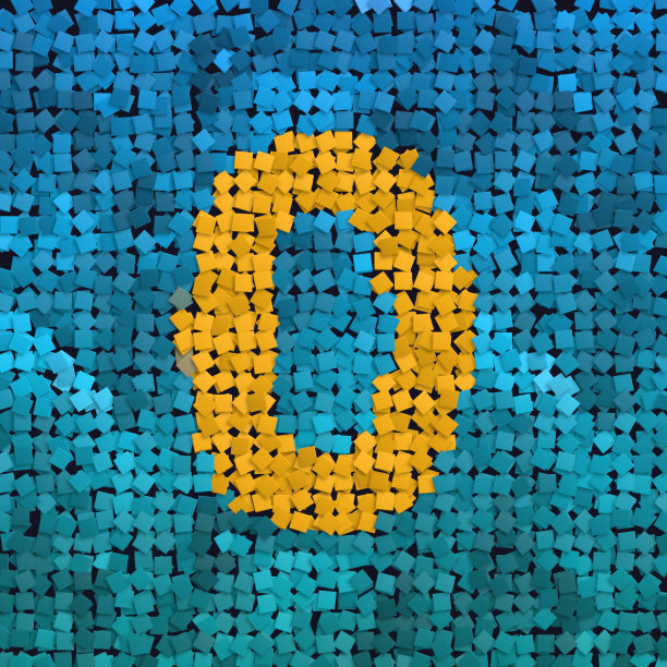 创意字母，3d渲染黄色数字零在蓝色背景，马赛克效果图片下载