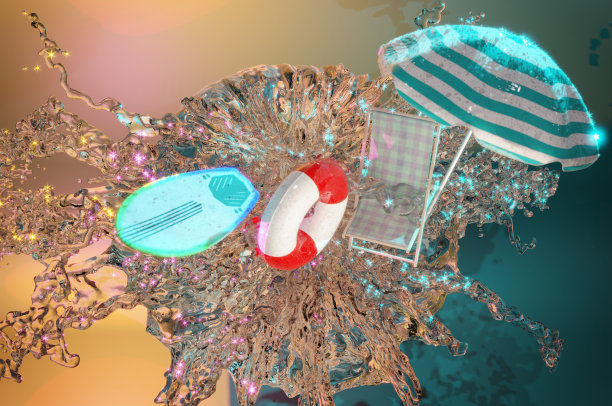 3D插图，夏季旅行讲台与水飞溅图片下载