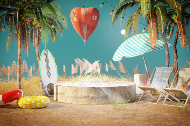 3D插图，夏季旅游讲台与沙子和夏季海滩图片下载
