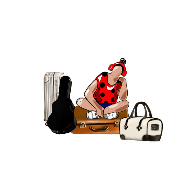 一家人在旅行，一个女孩提着行李箱，乘客在白色背景上图片下载