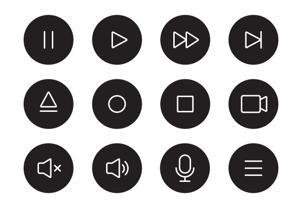 音频声音，视频播放器按钮线图标。音乐播放，声音静音，暂停键细线编辑图标集。麦克风，摄像头，音频象形图。向量图片下载