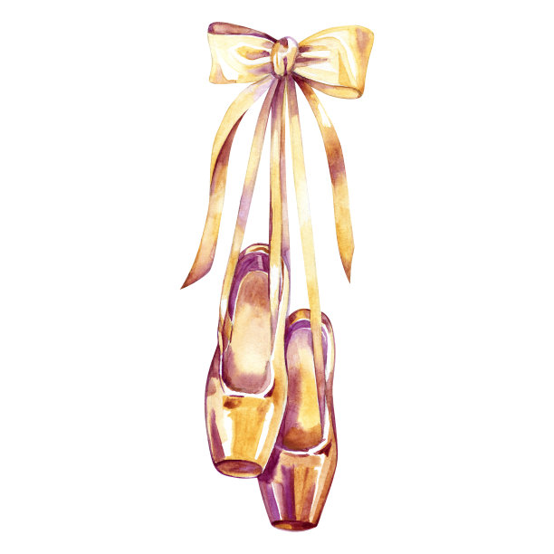 带蝴蝶结的水彩尖头鞋。手绘艺术作品孤立在白色背景。挂着柔和的芭蕾舞鞋。女孩舞蹈印花图片下载