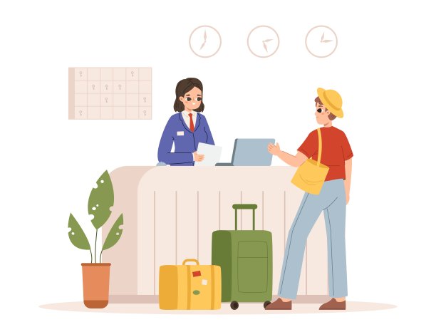 酒店前台，带行李的游客和前台。服务点，帮助和登记服务。经理和游客舒适的矢量场景图片下载