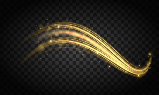 长曝光光绘画摄影，在黑色背景下充满活力的霓虹金属金色曲线线条图片下载